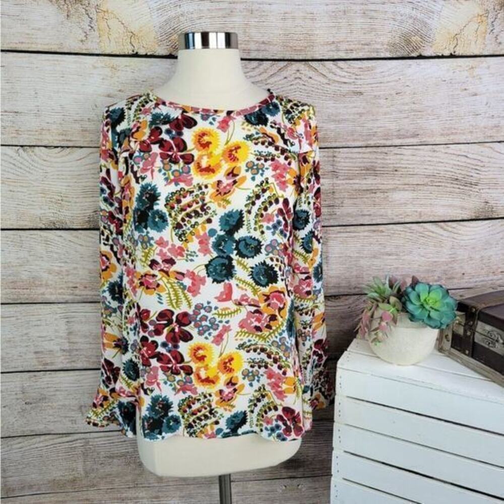 LOFT Floral Long Sleeve Ruffle Detail Floral Blouse XS
